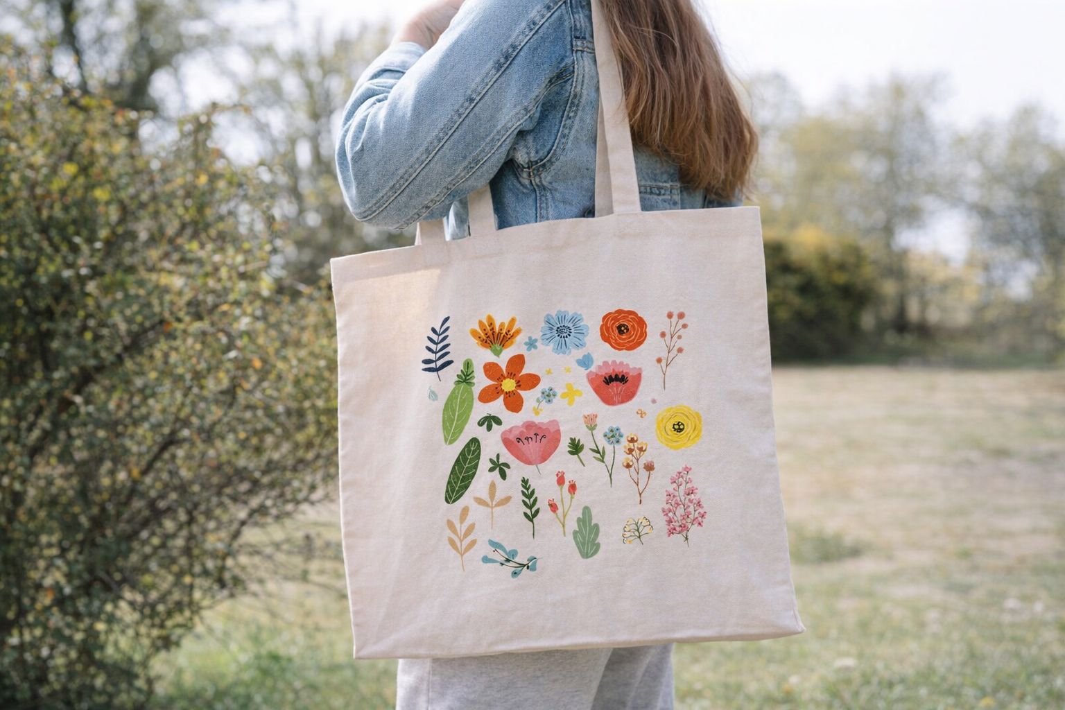 Tygkasse med färgglada blommor bärs över axeln utomhus